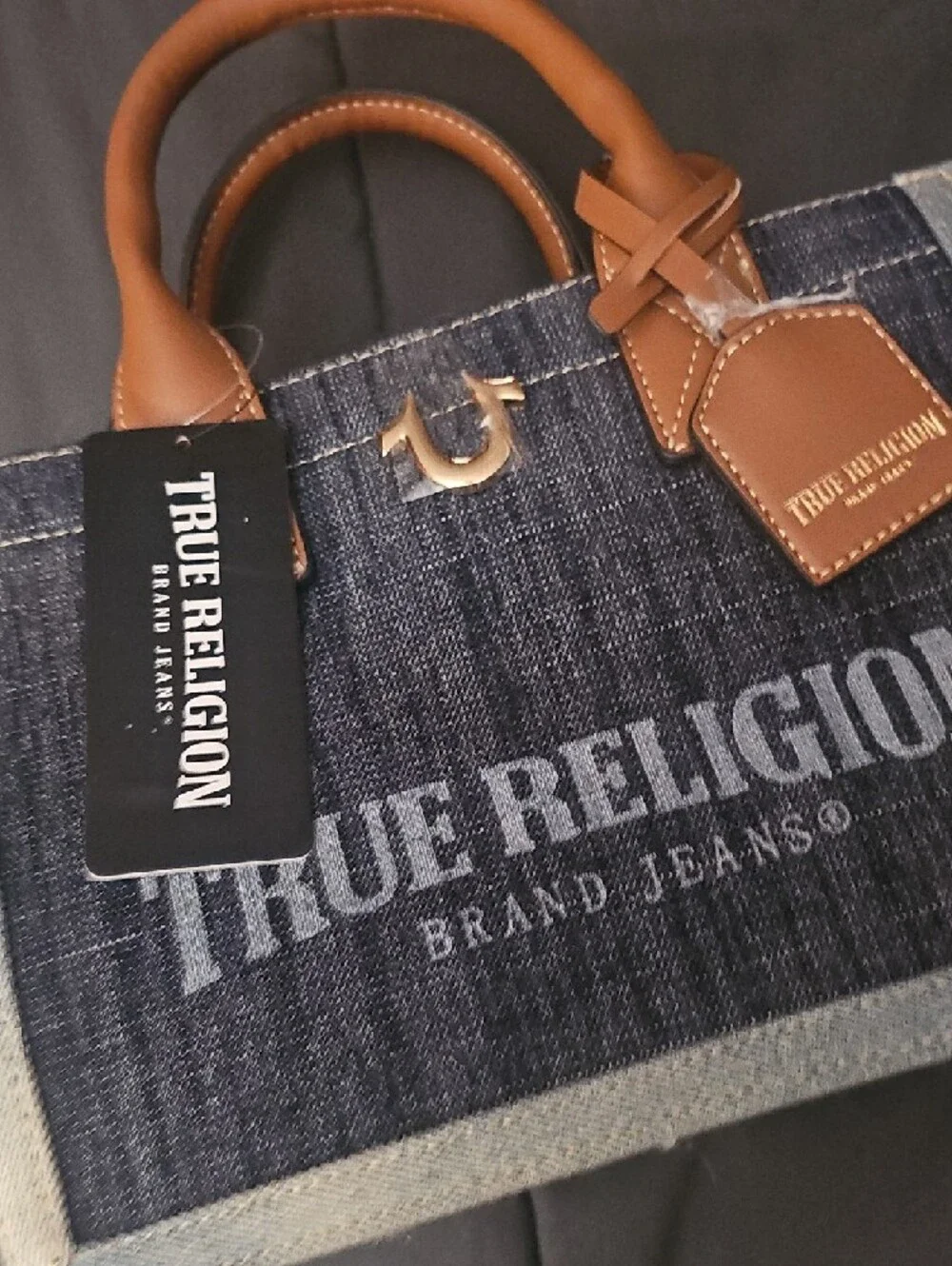 NEW-True Religion Denim Tote with Brown Leather Trim - Picture 3 of 5
